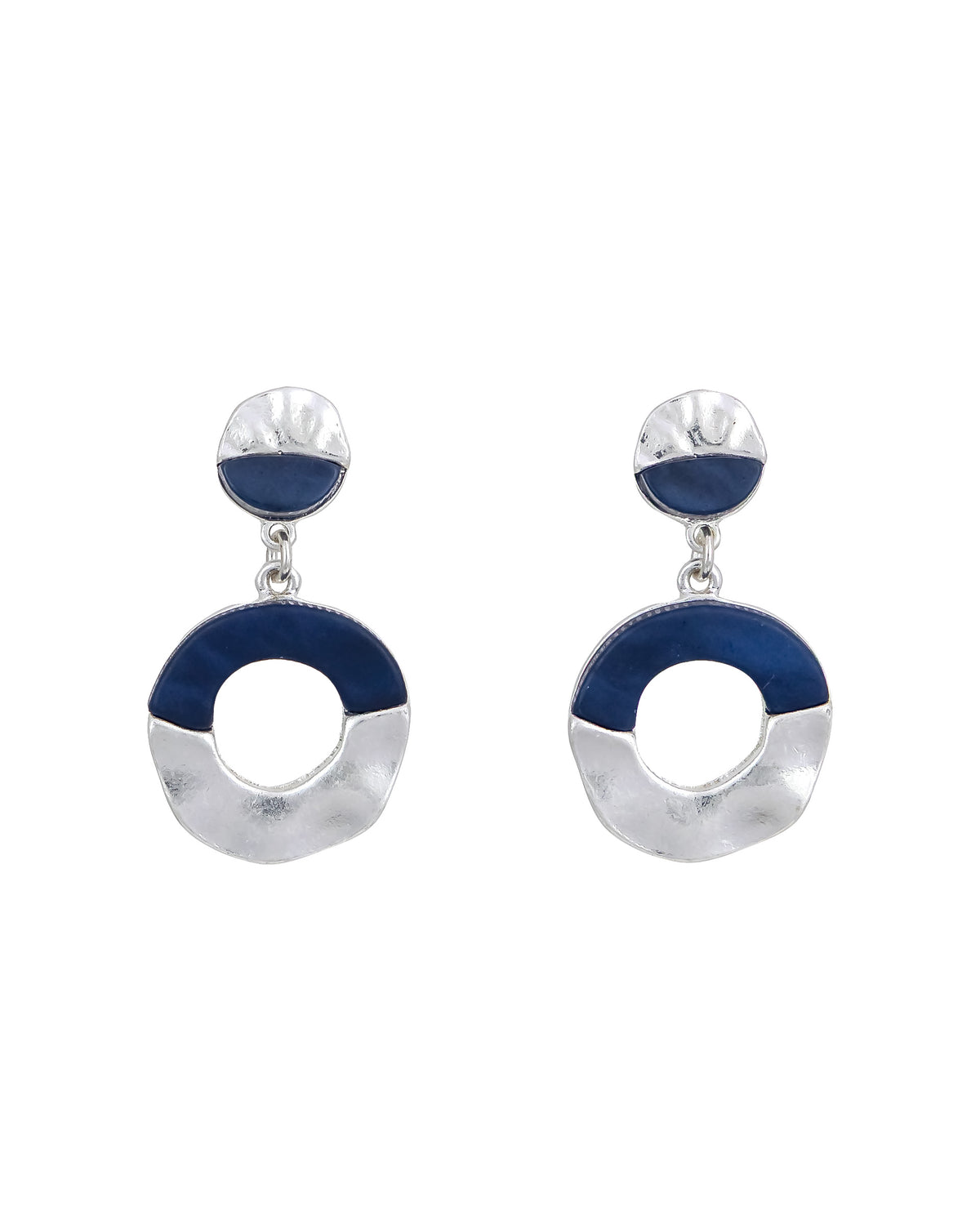 Blue and worn-silver open disc post-back drop earrings with linked round forms on a white background.