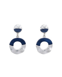 Blue and worn-silver open disc post-back drop earrings with linked round forms on a white background.