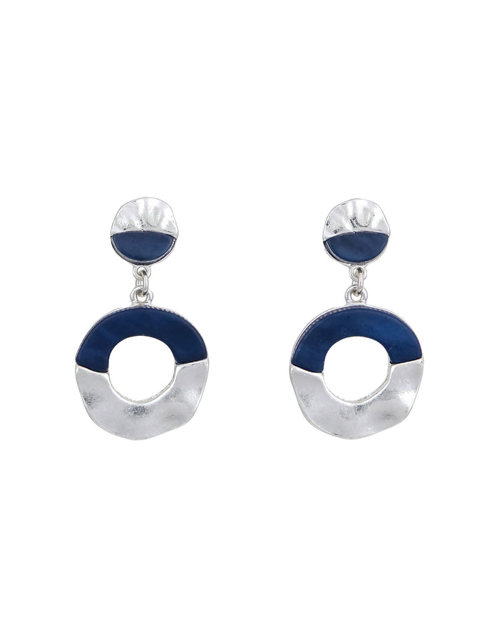 Blue and worn-silver open disc post-back drop earrings with linked round forms on a white background.