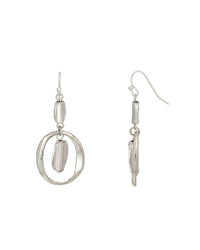 Worn-silver textured orbital French-wire drop earrings with an open ring and suspended bar on a white background.
