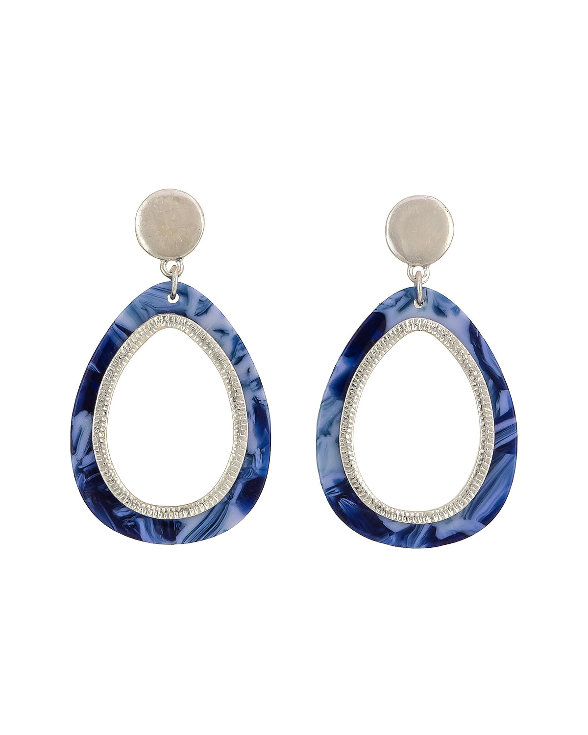 Blue-multi and worn-silver open teardrop post-back earrings with layered Lucite and metal forms on a white background.