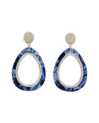 Blue-multi and worn-silver open teardrop post-back earrings with layered Lucite and metal forms on a white background.