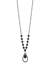 Long jet-black orbital teardrop pendant necklace with faceted accents on a white background.