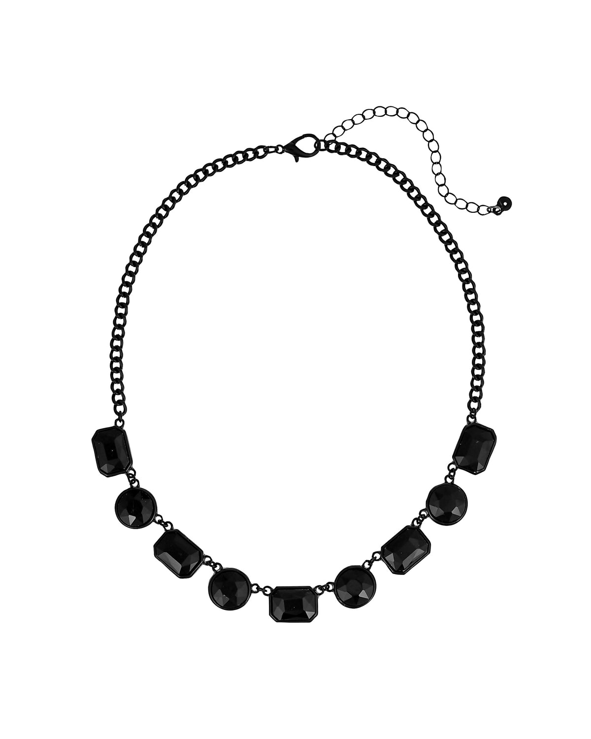 Short jet-black frontal necklace with alternating rectangular and round faceted accents on a white background.