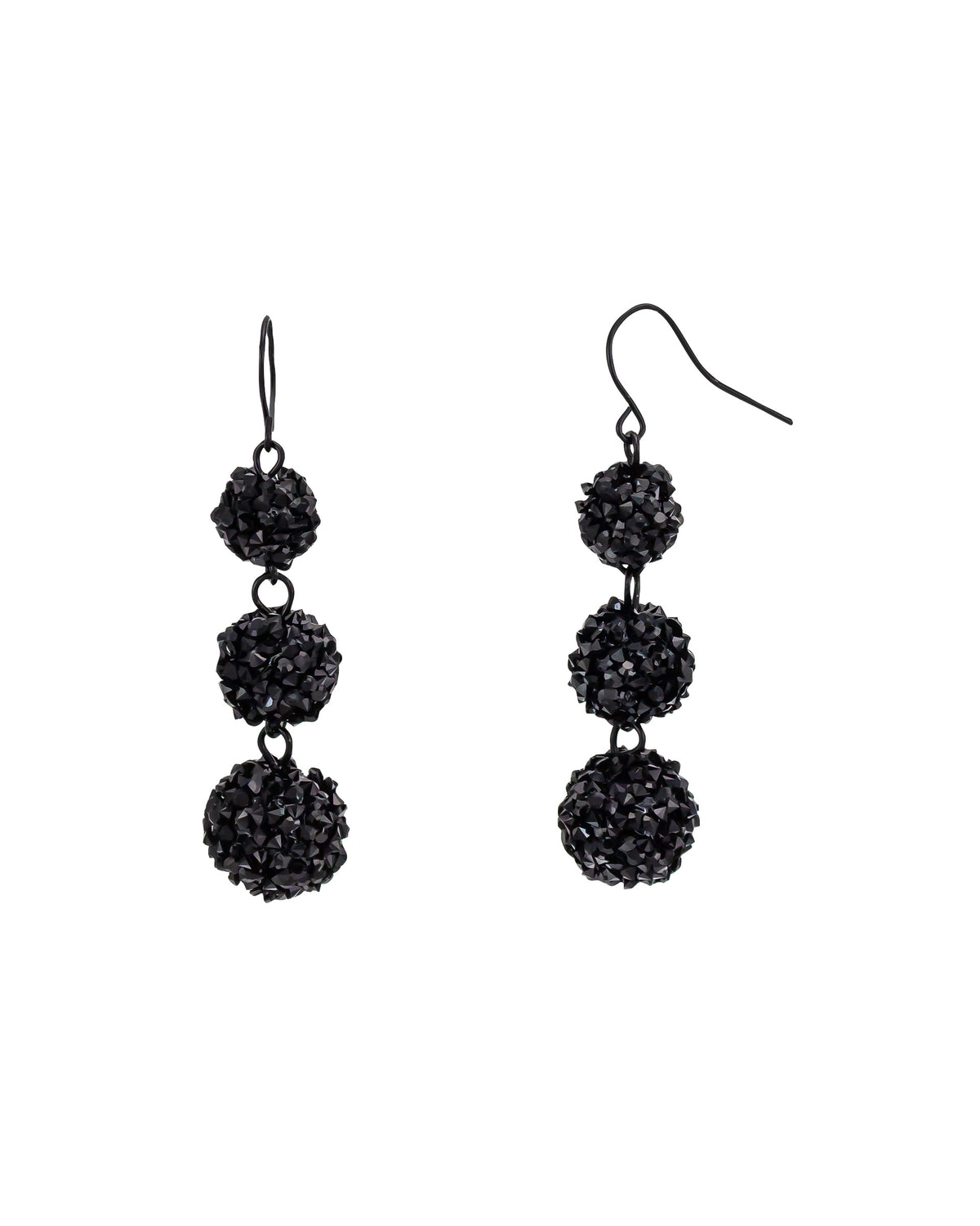 Jet-black triple fireball French-wire drop earrings with graduated textured bead clusters on a white background.