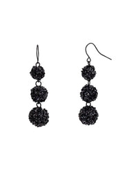 Jet-black triple fireball French-wire drop earrings with graduated textured bead clusters on a white background.