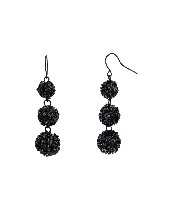 Jet-black triple fireball French-wire drop earrings with graduated textured bead clusters on a white background.