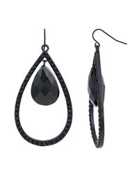 Jet-black open orbital teardrop French-wire earrings with a suspended faceted teardrop on a white background.