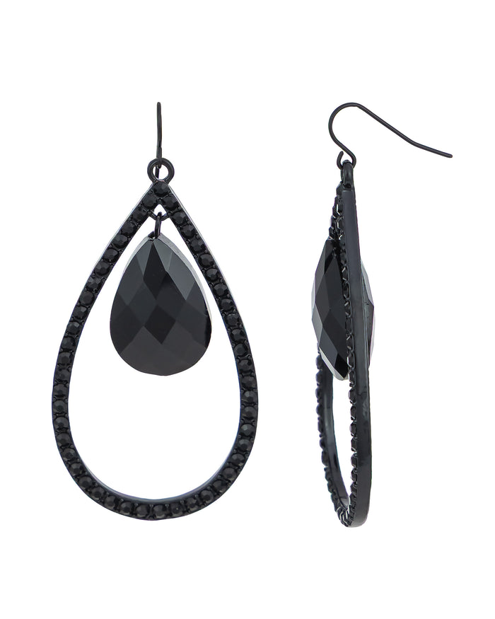 Jet-black open orbital teardrop French-wire earrings with a suspended faceted teardrop on a white background.