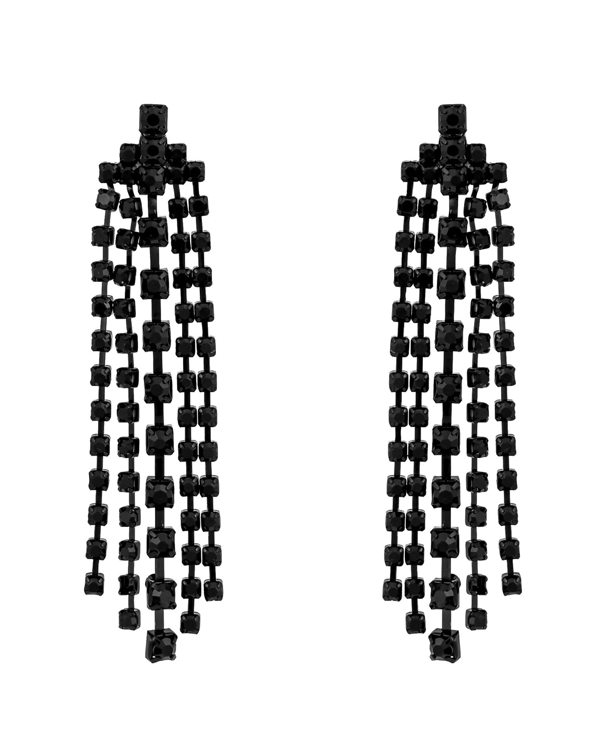 Jet-black linked chandelier post earrings with cascading square faceted accents on a white background.