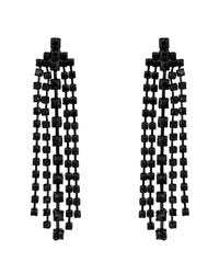 Jet-black linked chandelier post earrings with cascading square faceted accents on a white background.