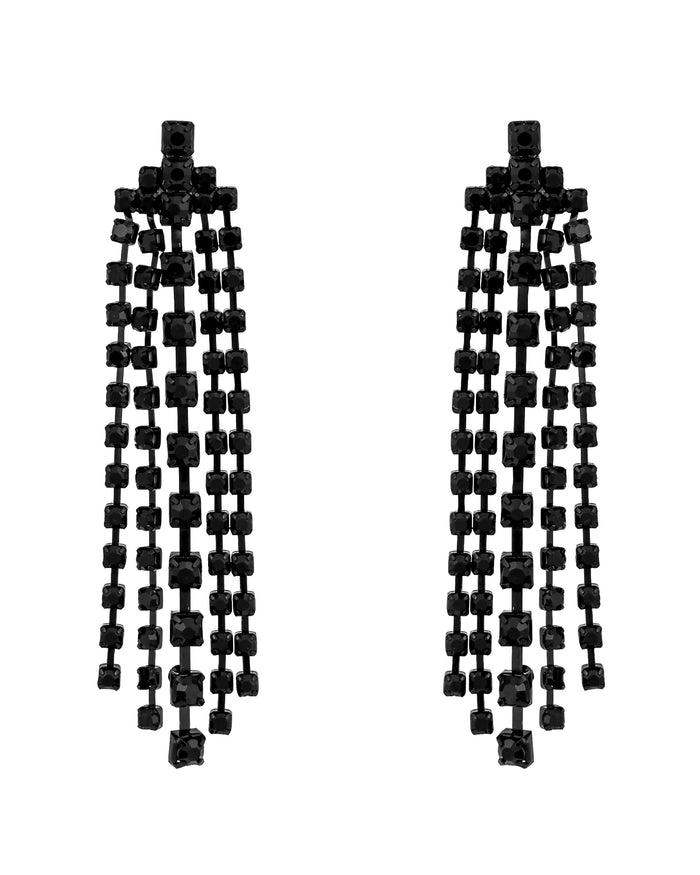 Jet-black linked chandelier post earrings with cascading square faceted accents on a white background.