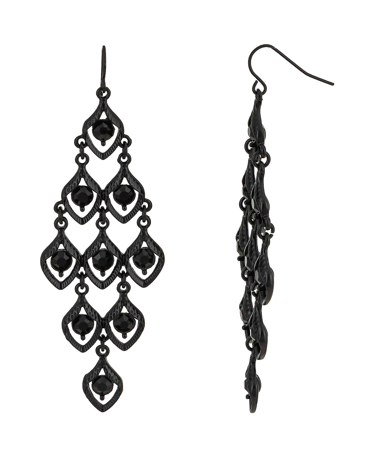 Jet-black kite chandelier French-wire earrings with faceted black beads on a white background.