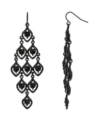 Jet-black kite chandelier French-wire earrings with faceted black beads on a white background.