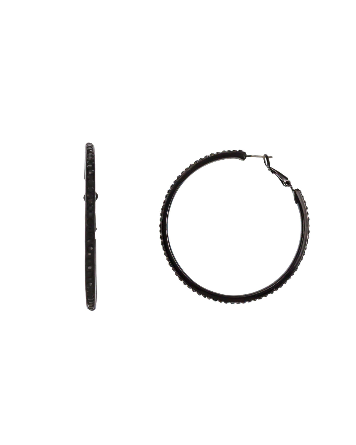 Large jet-black hoop earrings with faceted edge accents and latch-back closures on a white background.
