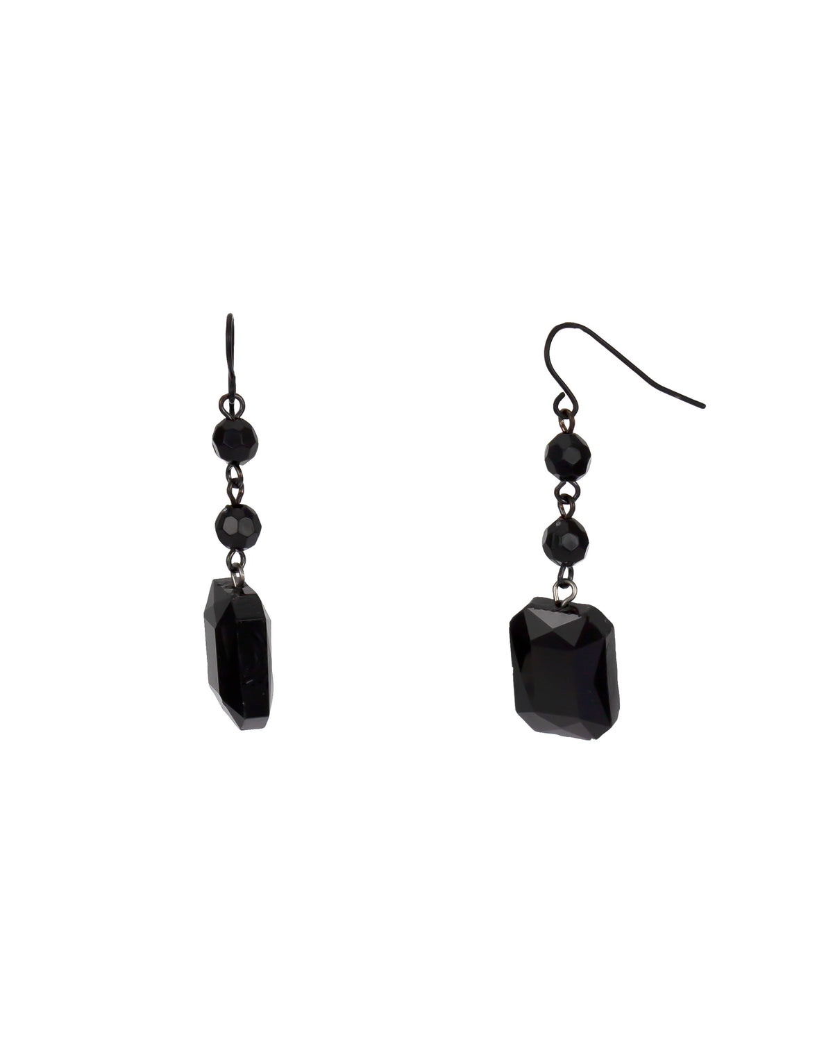 Jet-black French-wire drop earrings with two round beads and a faceted rectangular drop on a white background.