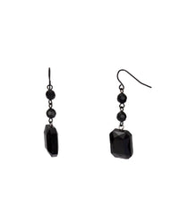 Jet-black French-wire drop earrings with two round beads and a faceted rectangular drop on a white background.