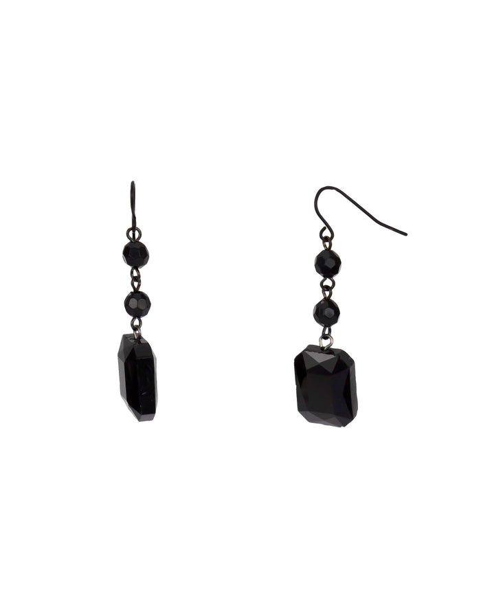 Jet-black French-wire drop earrings with two round beads and a faceted rectangular drop on a white background.