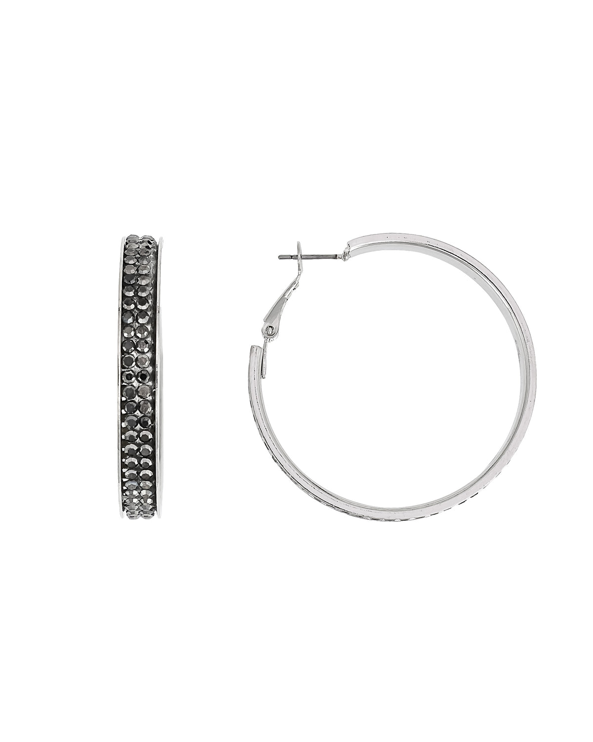 Silver hoop earrings with embedded stones on a white background