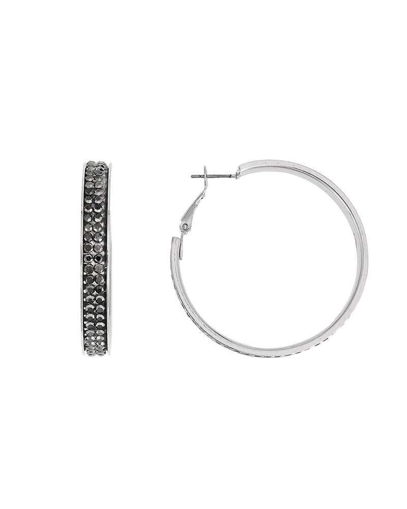 Silver hoop earrings with embedded stones on a white background