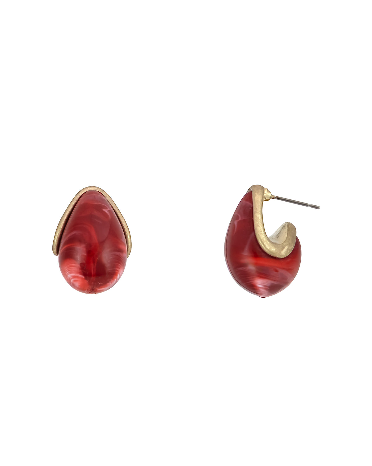 Pair of red hoop earrings with gold accents on a white background