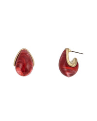 Pair of red hoop earrings with gold accents on a white background