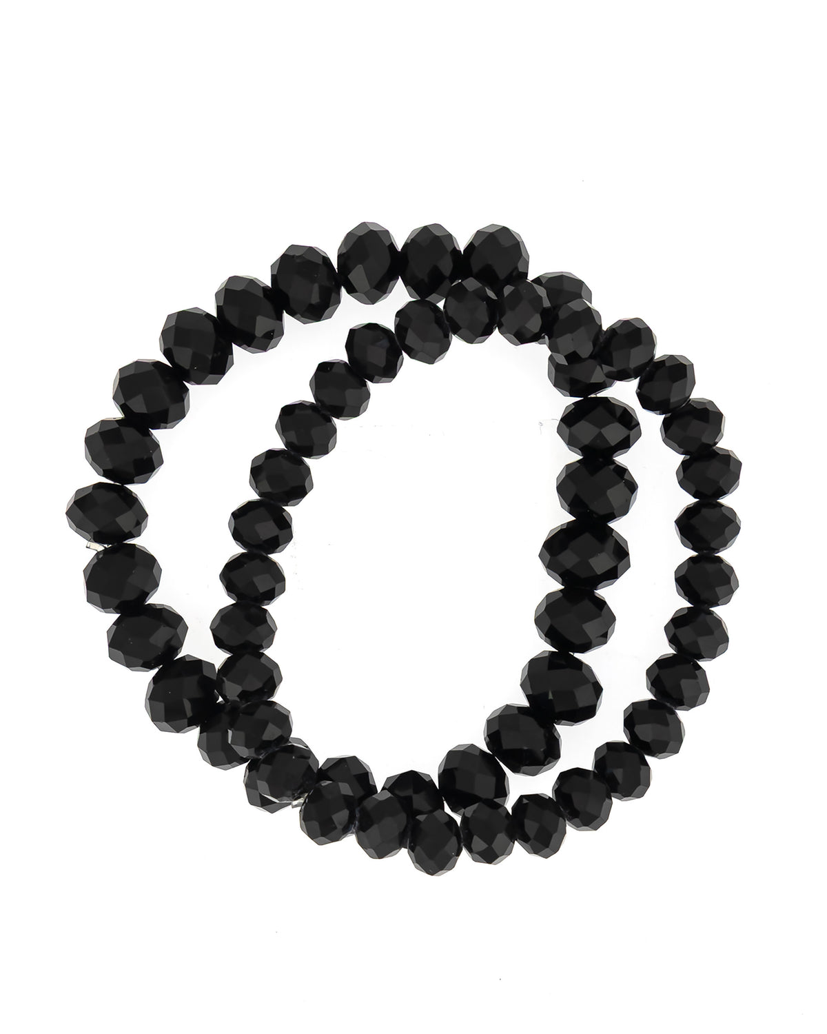 Jet-black two-row stretch bracelet with graduated faceted beads on a white background.