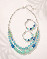 Blue Beaded Statement Necklace & Hoop Earrings Bundle Set with Silver Accents