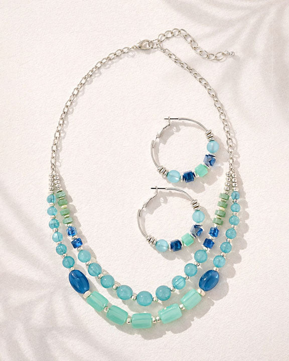 Blue Beaded Statement Necklace & Hoop Earrings Bundle Set with Silver Accents