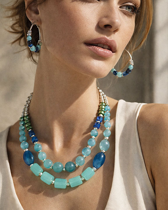 Blue Beaded Statement Necklace & Hoop Earrings Bundle Set with Silver Accents