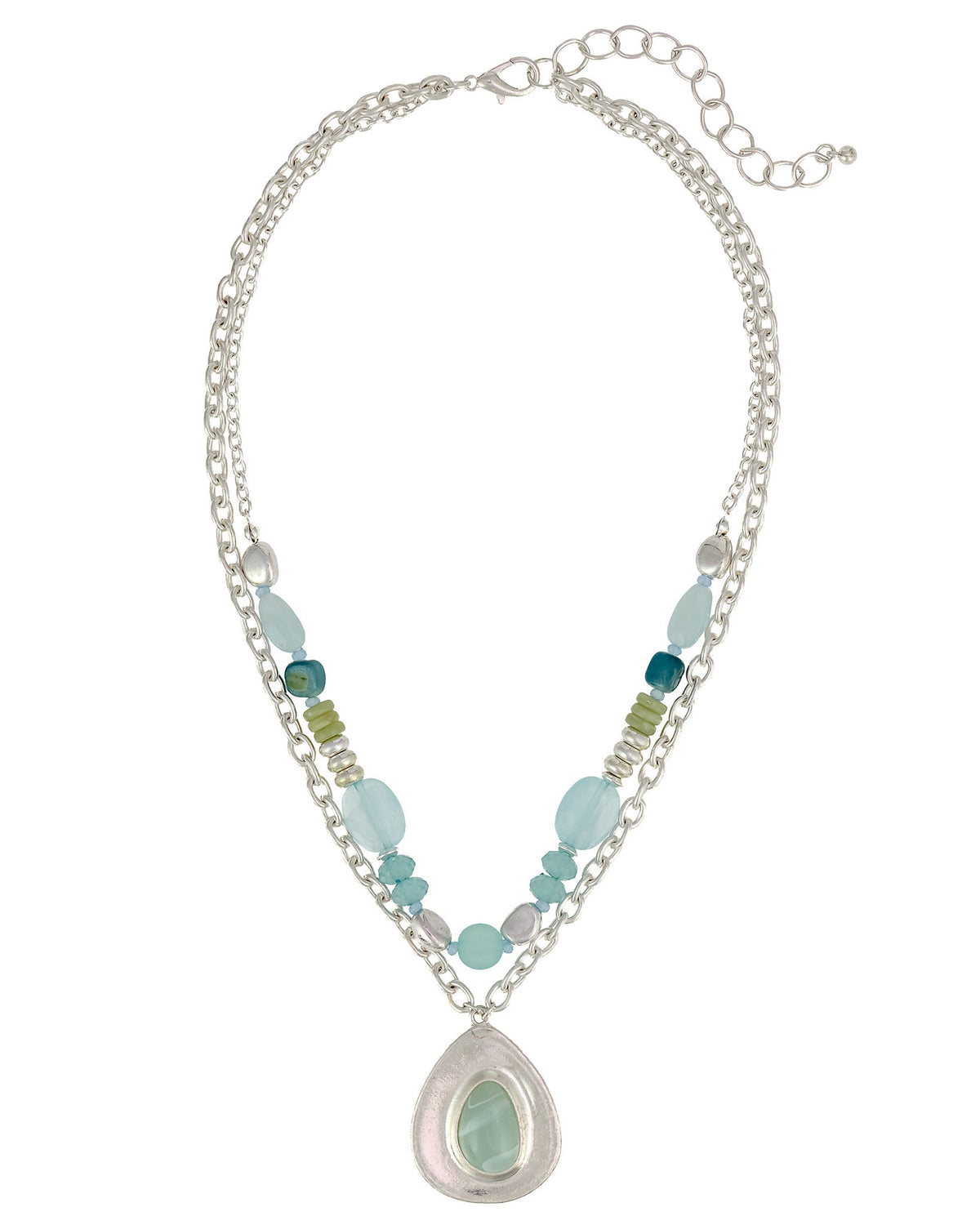 Necklace with green teardrop pendant and multicolored beads on a white background