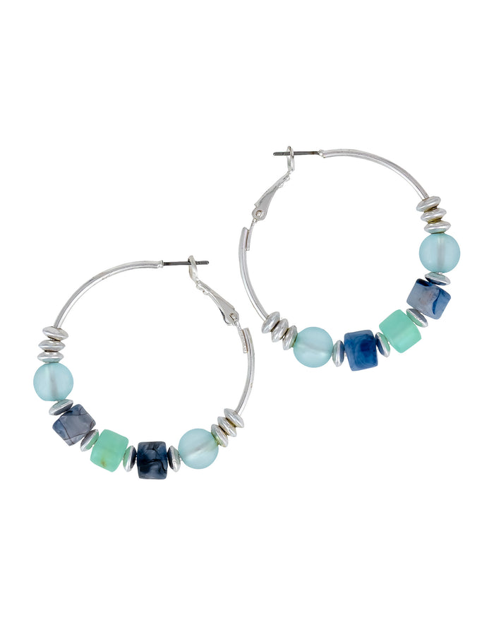 Hoop earrings with blue and teal bead accents on a white background