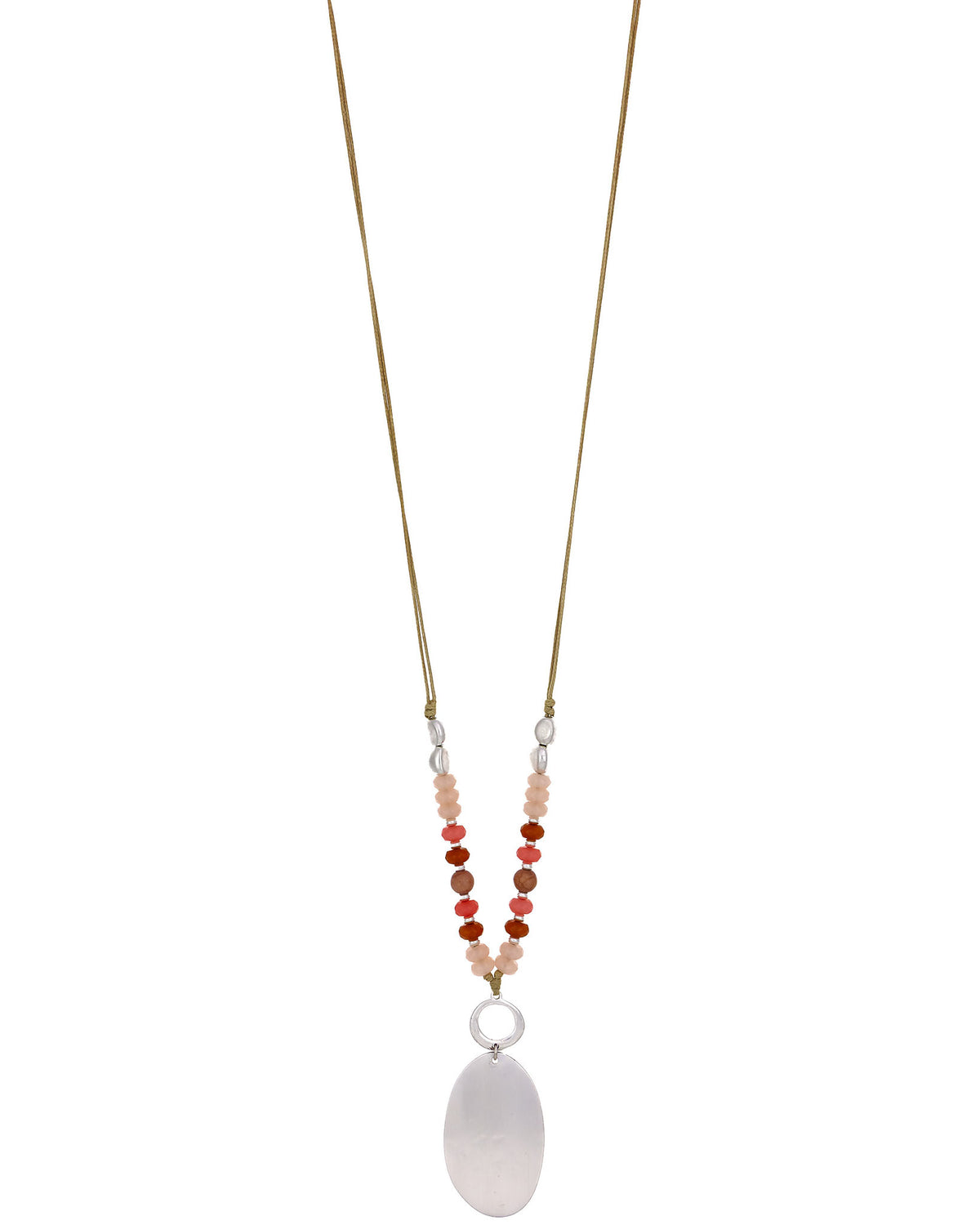 Necklace with beads and a large white pendant on a white background