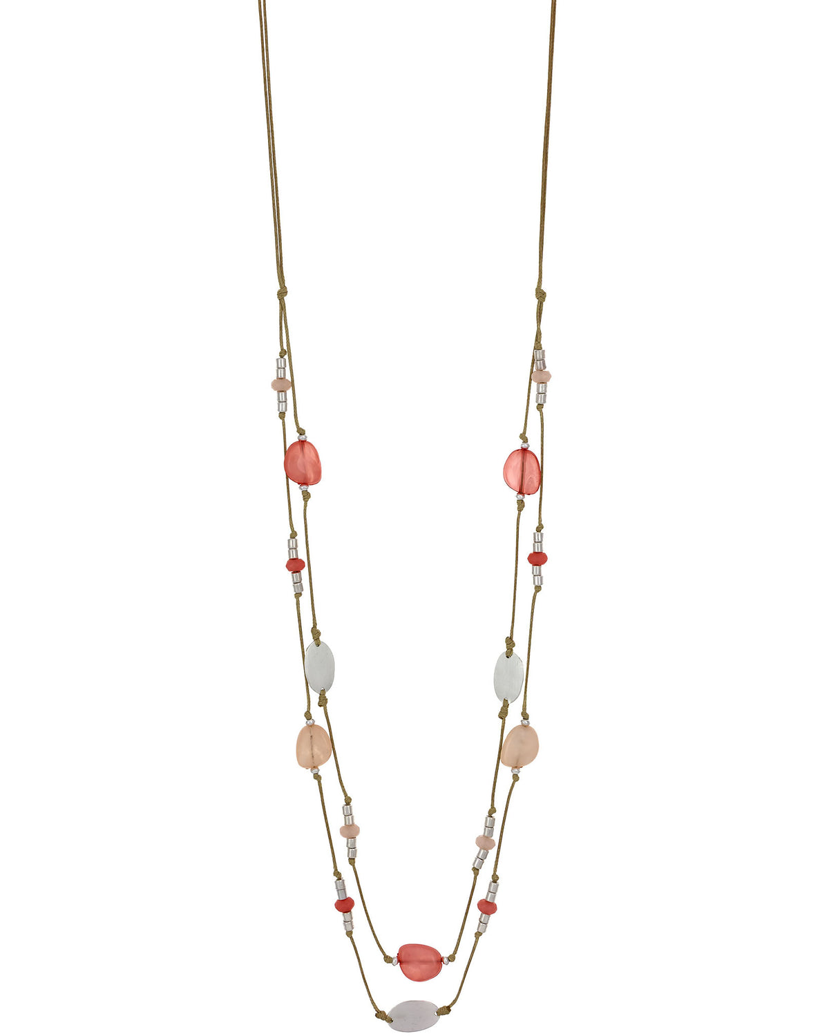 Necklace with multicolored beads on a white background