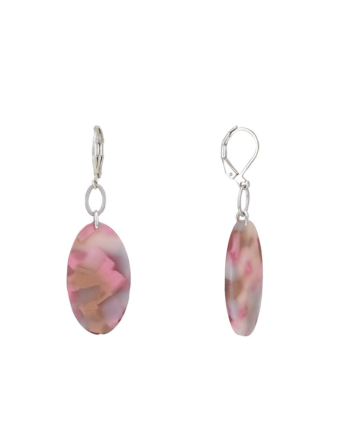 Pair of earrings with pink floral design on a white background