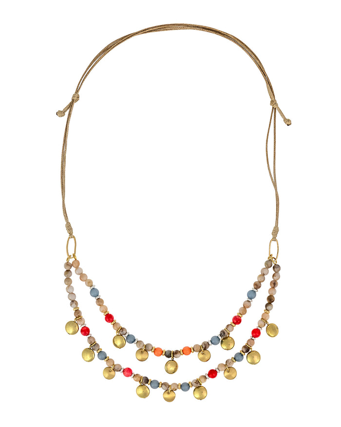 Necklace with multicolored beads on a white background