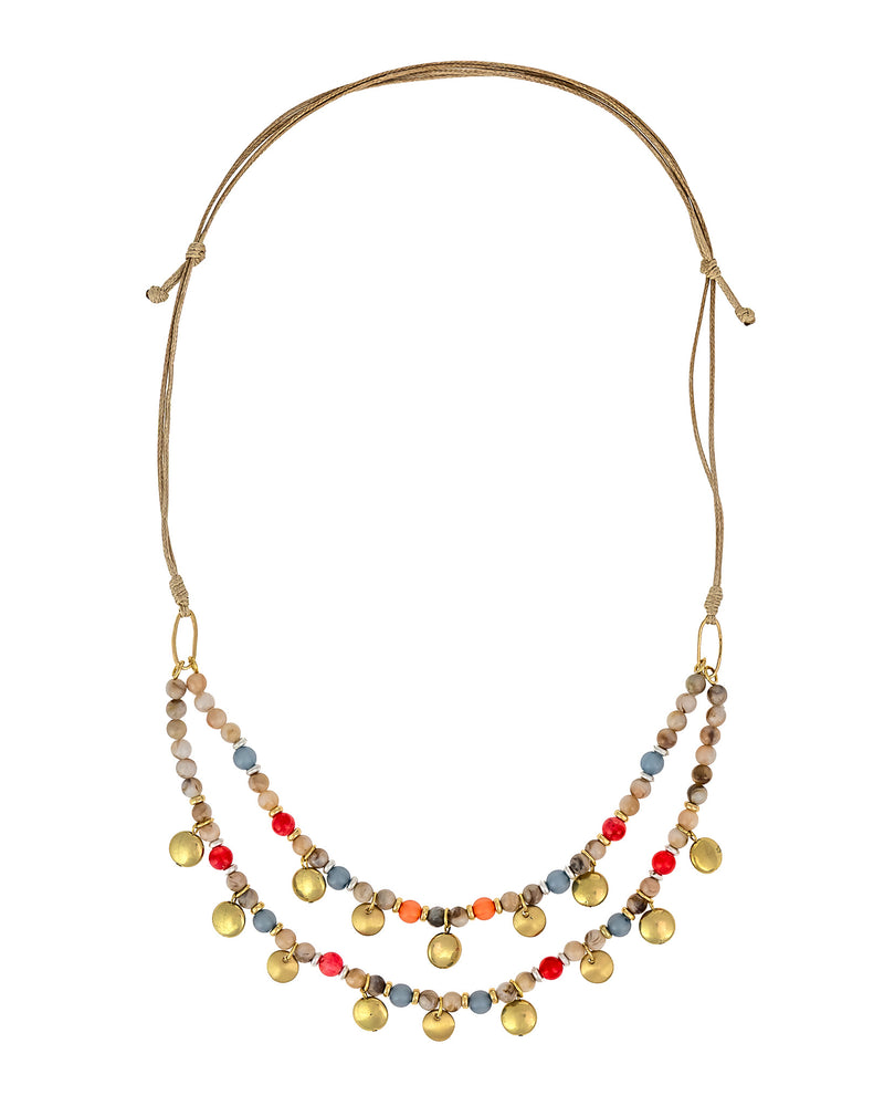 Necklace with multicolored beads on a white background