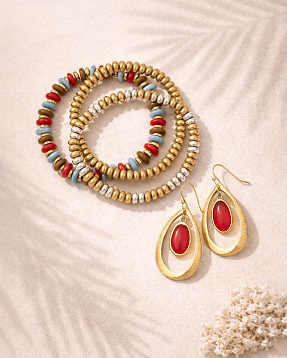 Coral Rhythm Beaded Bracelet Set & Coral Orbit Drop Earrings Bundle Set