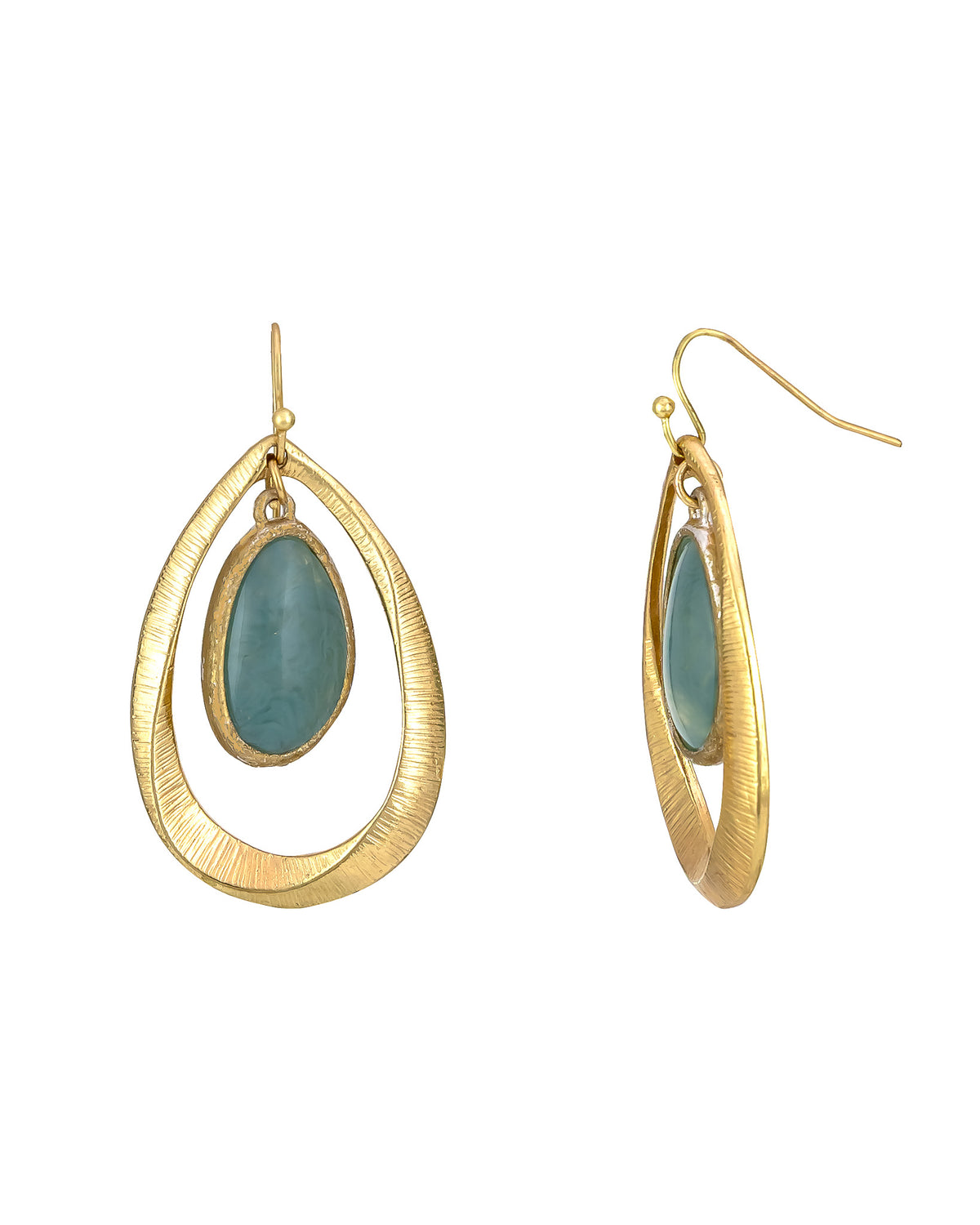 Gold hoop earrings with teal stones on a white background