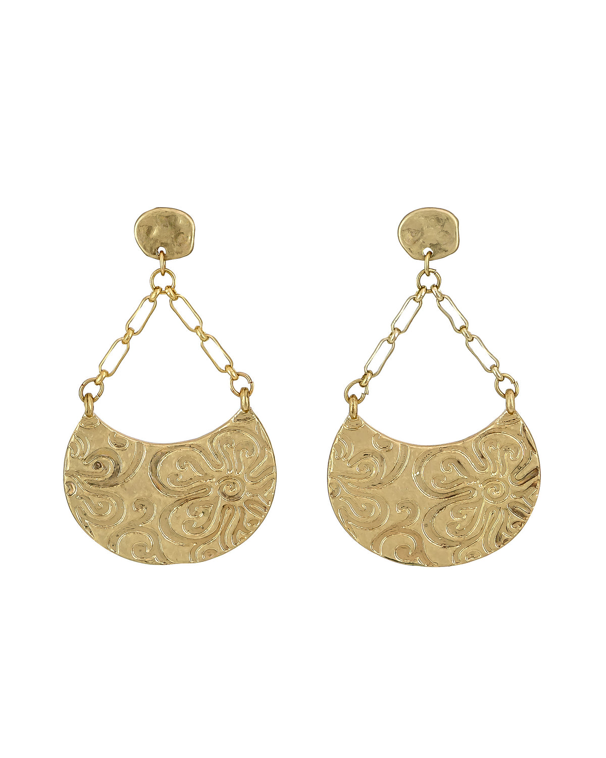 Gold earrings with intricate designs on a white background
