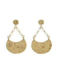 Gold earrings with intricate designs on a white background