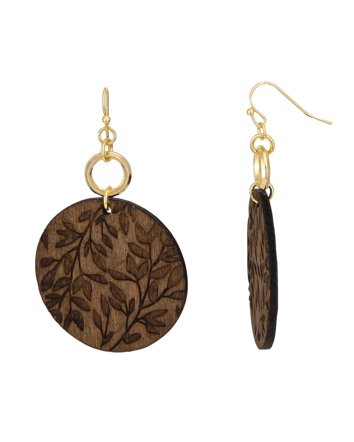Wooden earrings with gold hooks on a white background