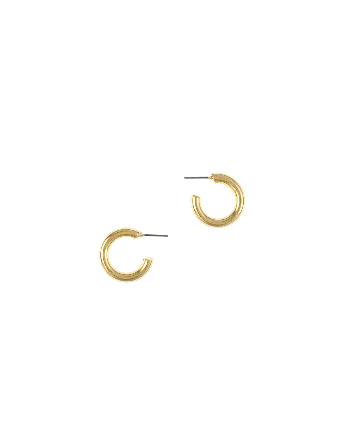 Polished gold-tone sculptural C-hoop post earrings with a recessed center detail on a white background.