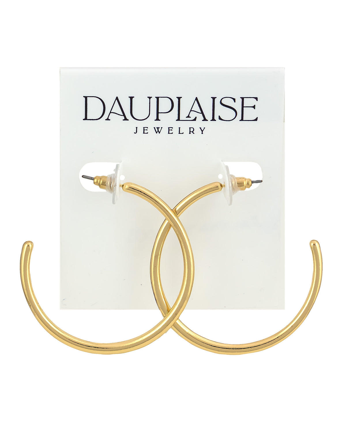 Gold hoop earrings displayed on a white card backing with the brand name 'DAUPLAISE JEWELRY' printed at the top.