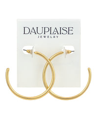 Gold hoop earrings displayed on a white card backing with the brand name 'DAUPLAISE JEWELRY' printed at the top.