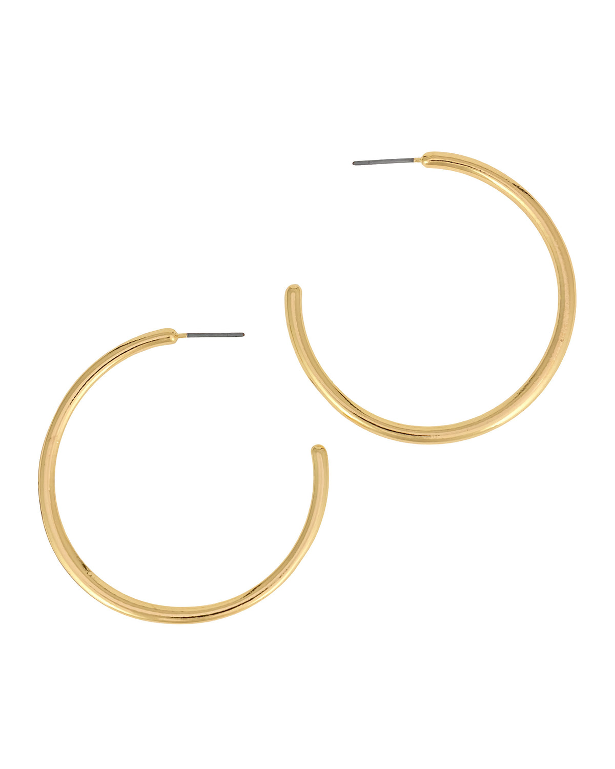 A pair of gold-plated open hoop earrings with a textured, slightly tapered finish and flat backings, shown on a solid white background.