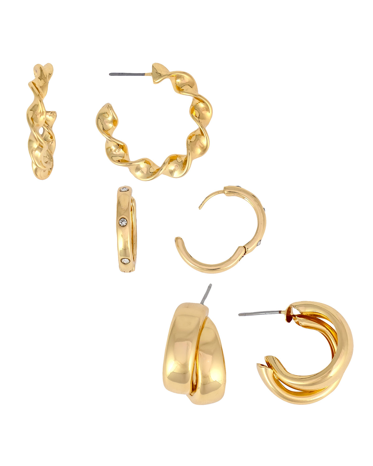 A set of gold-toned hoop and huggie earrings displayed on a clean white background, featuring twisted, curb, and smooth double-hoop designs.
