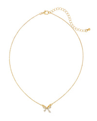 A delicate gold chain necklace with a small bow charm adorned with clear rhinestones, displayed on a clean white background.