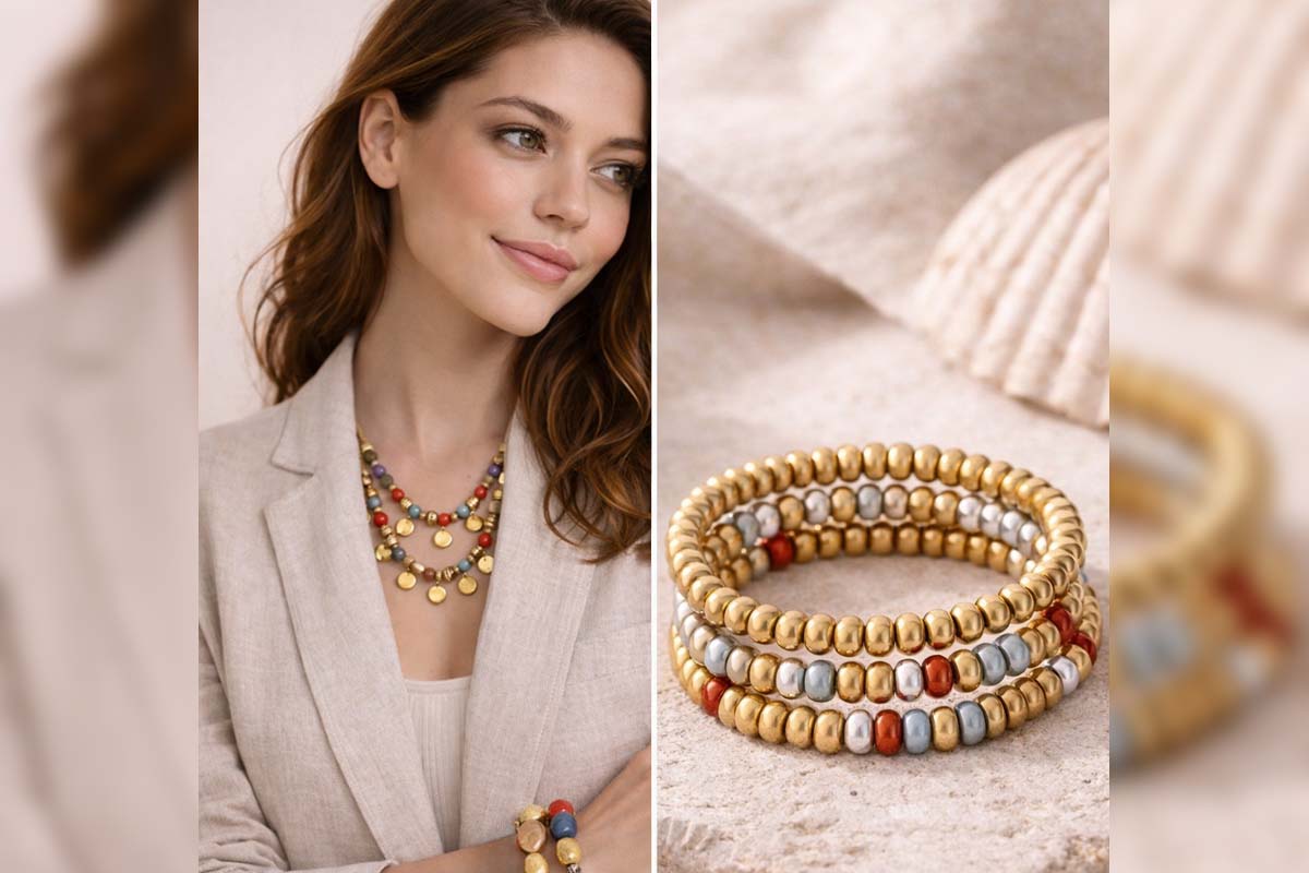 Woman wearing colorful jewelry with close-up shots of beaded necklaces and bracelets.
