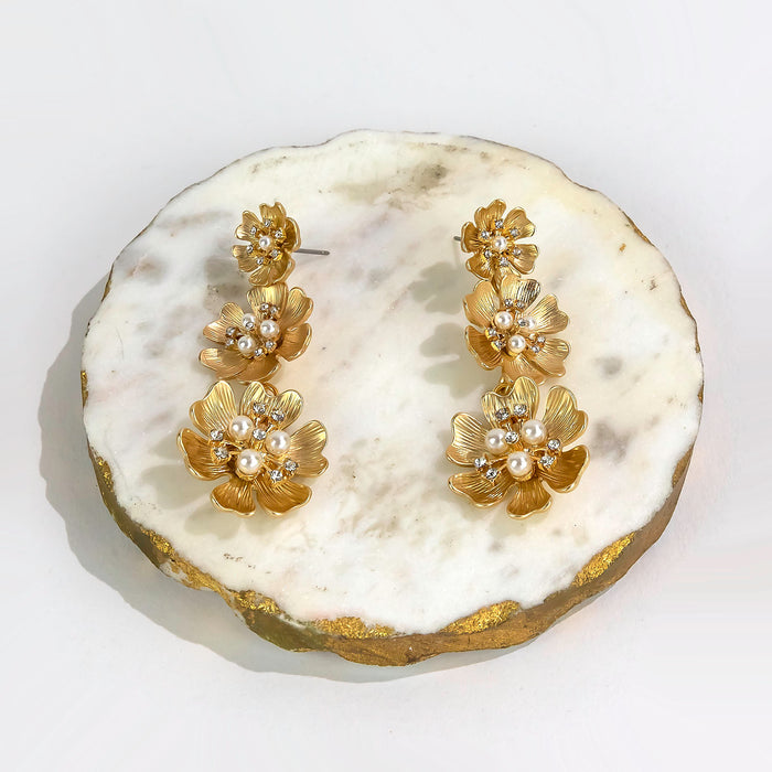 Laura Ashley - 3-Part Gold-Tone Floral and Pearl Earrings